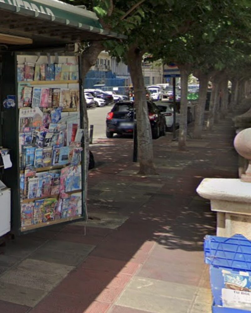 Expositor exterior de revistas junto a la avenida arbolada